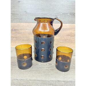 VTG Felipe Derflingher Imprisoned Brutalist Metal Caged Pitcher And Glasses